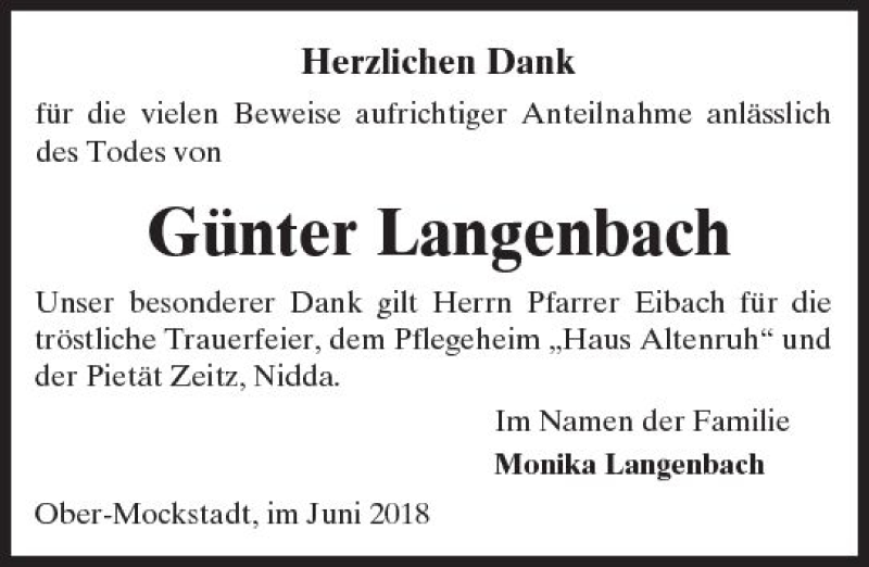  Traueranzeige für Günter Langenbach vom 30.06.2018 aus  Kreisanzeiger