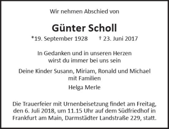 Traueranzeige von Günter Scholl von  Gießener Anzeiger