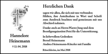Traueranzeige von Hannelore Heinemann von Trauerportal Rhein Main Presse