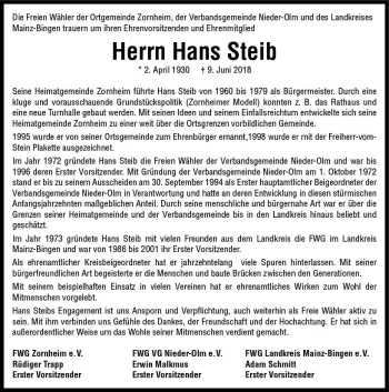 Traueranzeige von Hans Steib von Trauerportal Rhein Main Presse