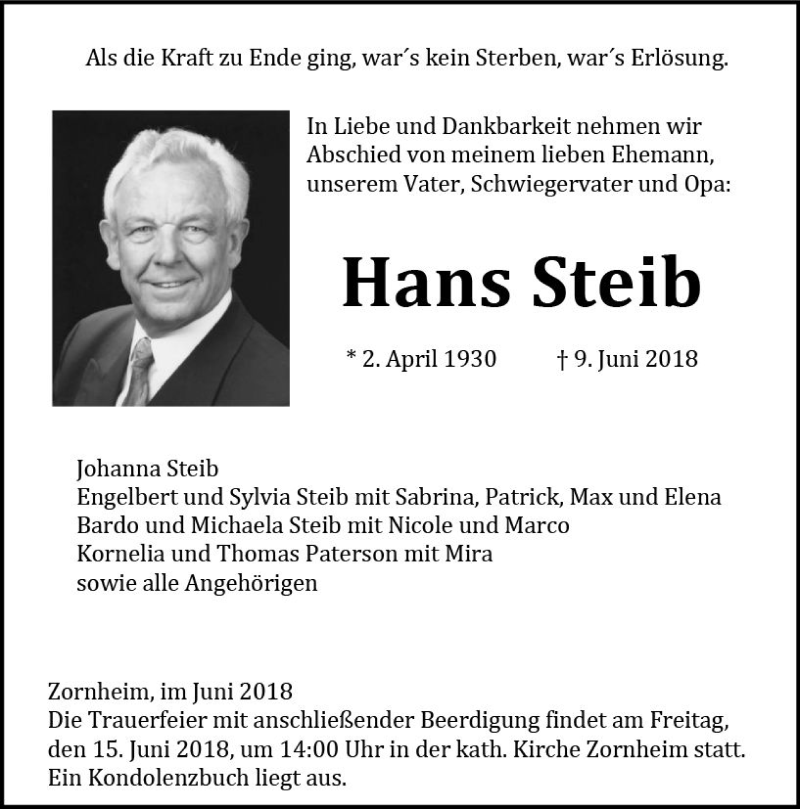  Traueranzeige für Hans Steib vom 12.06.2018 aus Trauerportal Rhein Main Presse