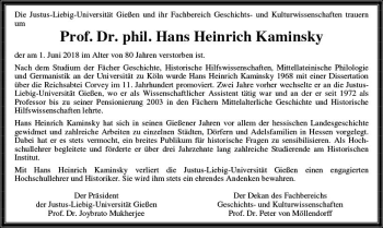 Traueranzeige von Hans Heinrich Kaminsky von  Gießener Anzeiger