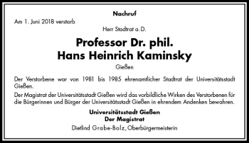 Traueranzeige von Hans Heinrich Kaminsky von  Gießener Anzeiger
