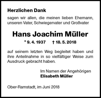 Traueranzeige von Hans Joachim Müller von Trauerportal Rhein Main Presse