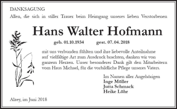 Traueranzeige von Hans Walter Hofmann von Trauerportal Rhein Main Presse