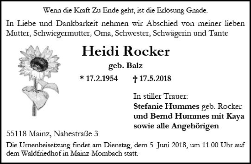  Traueranzeige für Heidi Rocker vom 02.06.2018 aus Trauerportal Rhein Main Presse