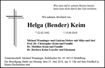 Traueranzeige von Helga  Keim von Trauerportal Rhein Main Presse