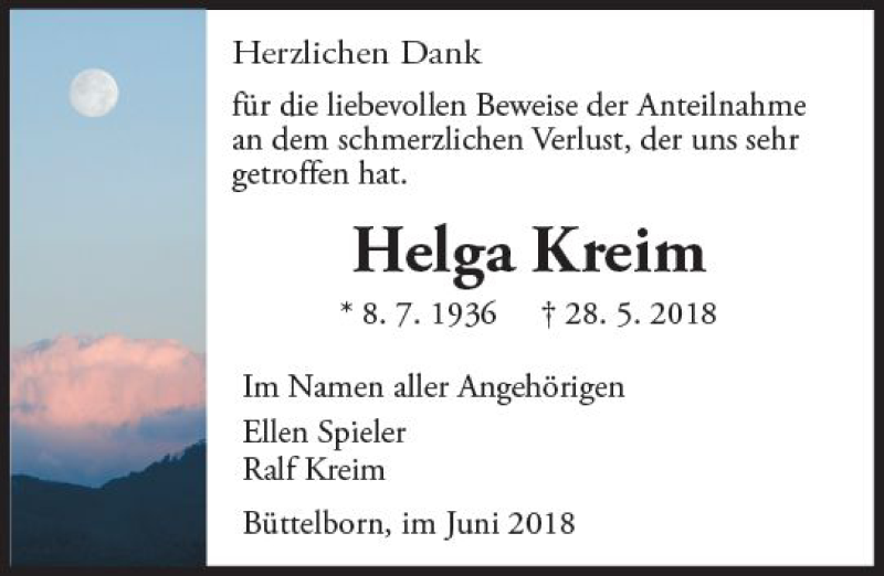  Traueranzeige für Helga Kreim vom 23.06.2018 aus Trauerportal Rhein Main Presse