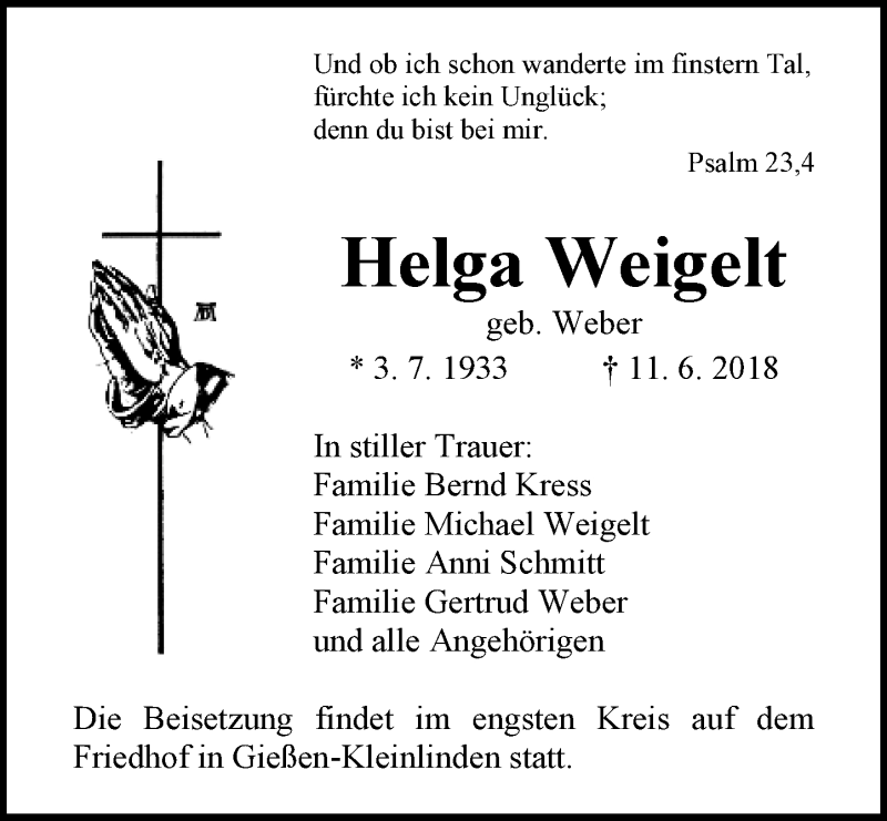  Traueranzeige für Helga Weigelt vom 16.06.2018 aus  Gießener Anzeiger