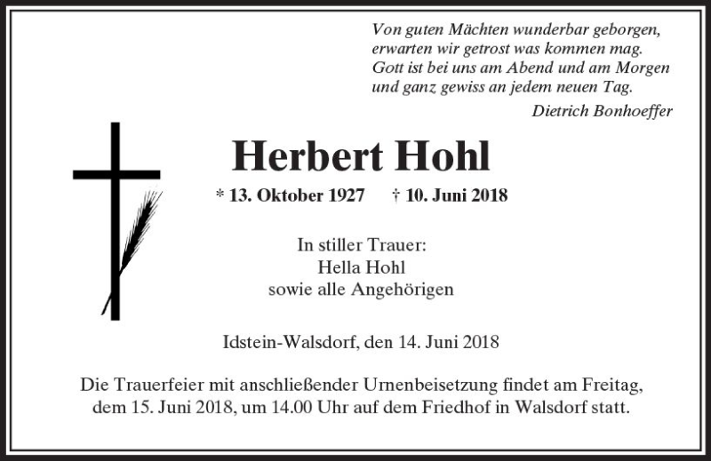 Traueranzeige für Herbert Hohl vom 14.06.2018 aus  Camberger Anzeiger