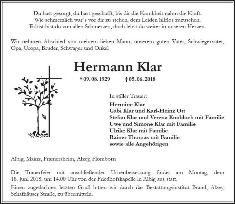  Traueranzeige für Hermann Klar vom 09.06.2018 aus Trauerportal Rhein Main Presse
