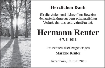 Traueranzeige von Hermann Reuter von  Kreisanzeiger