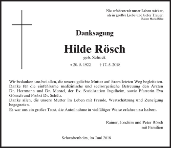 Traueranzeige von Hilde Rösch von Trauerportal Rhein Main Presse