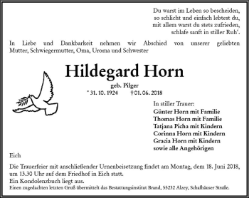 Traueranzeige von Hildegard Horn von Trauerportal Rhein Main Presse