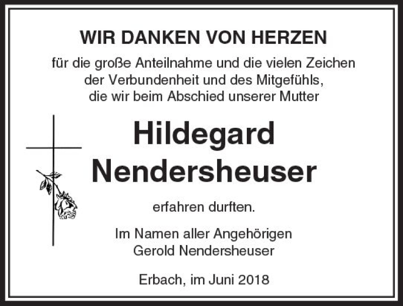  Traueranzeige für Hildegard Nendersheuser vom 07.06.2018 aus  Camberger Anzeiger