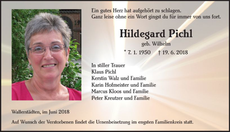  Traueranzeige für Hildegard Pichl vom 23.06.2018 aus Trauerportal Rhein Main Presse