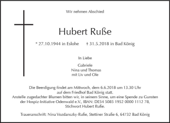 Traueranzeige von Hubert Ruße von Trauerportal Rhein Main Presse