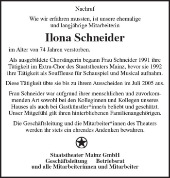 Traueranzeige von Ilona Schneider von Trauerportal Rhein Main Presse