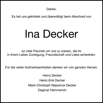 Traueranzeige von Ina Decker von Trauerportal Rhein Main Presse