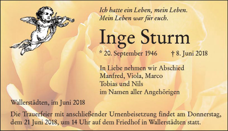  Traueranzeige für Inge Sturm vom 16.06.2018 aus Trauerportal Rhein Main Presse