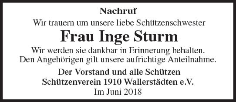  Traueranzeige für Inge Sturm vom 19.06.2018 aus Trauerportal Rhein Main Presse