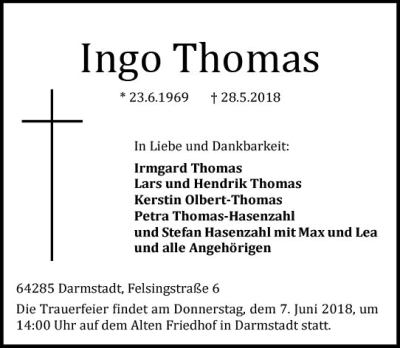 Traueranzeige für Ingo Thomas vom 02.06.2018 aus Trauerportal Rhein Main Presse
