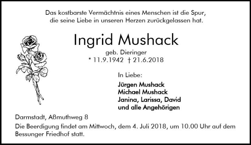  Traueranzeige für Ingrid Mushack vom 30.06.2018 aus Trauerportal Rhein Main Presse