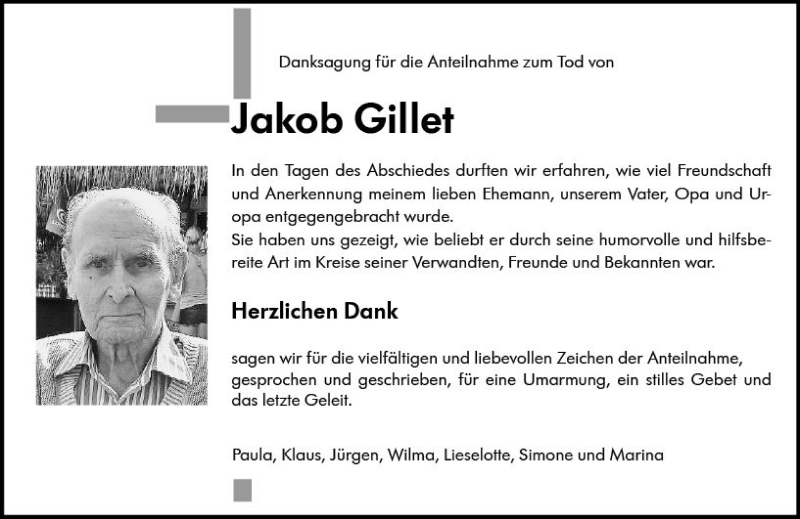  Traueranzeige für Jakob Gillet vom 23.06.2018 aus Trauerportal Rhein Main Presse