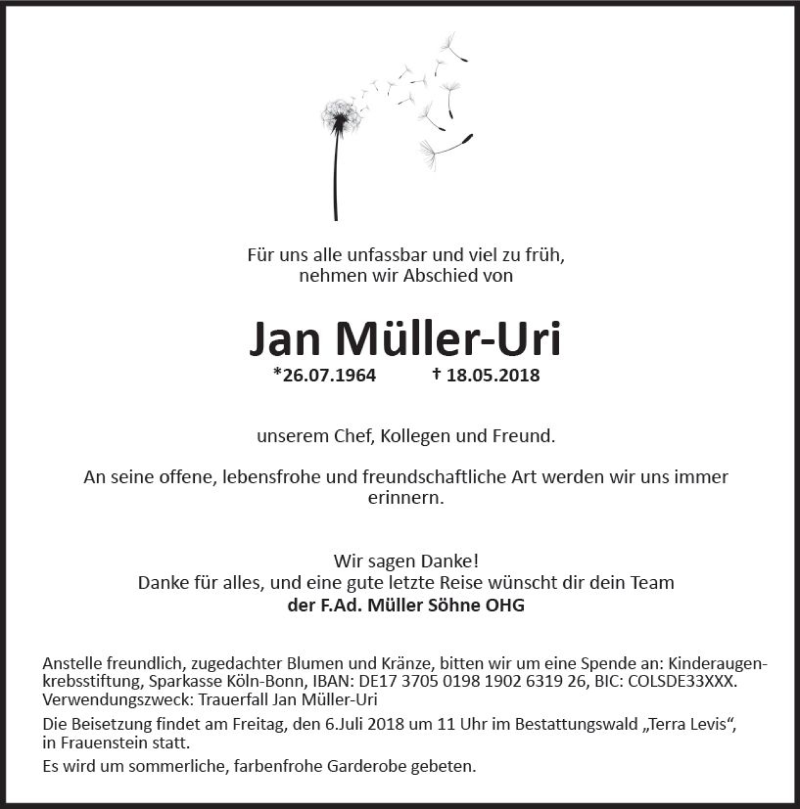  Traueranzeige für Jan Müller-Uri vom 09.06.2018 aus Trauerportal Rhein Main Presse