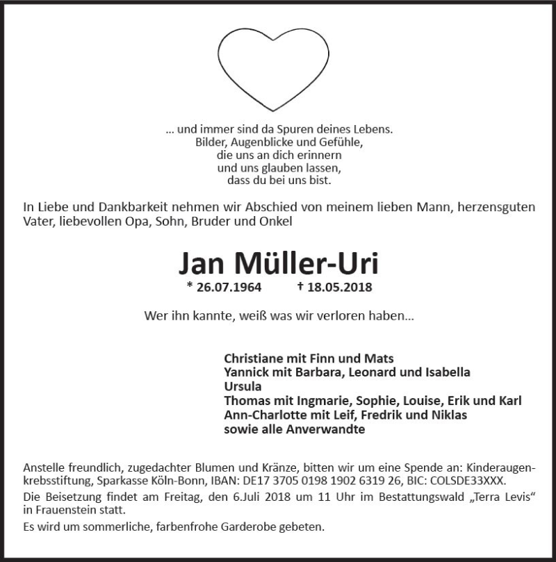  Traueranzeige für Jan Müller-Uri vom 09.06.2018 aus Trauerportal Rhein Main Presse