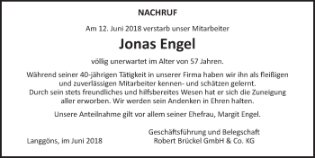 Traueranzeige von Jonas Engel von  Gießener Anzeiger