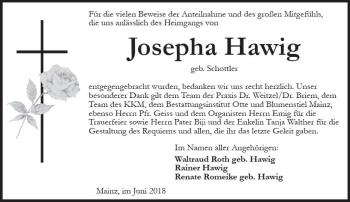 Traueranzeige von Josepha Hawig von Trauerportal Rhein Main Presse