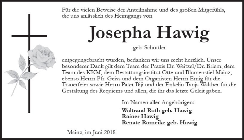  Traueranzeige für Josepha Hawig vom 16.06.2018 aus Trauerportal Rhein Main Presse
