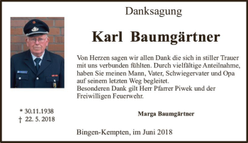 Traueranzeige von Karl Baumgärtner von Trauerportal Rhein Main Presse