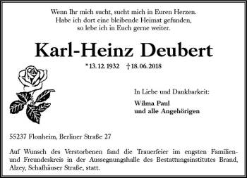 Traueranzeige von Karl-Heinz Deubert von Trauerportal Rhein Main Presse