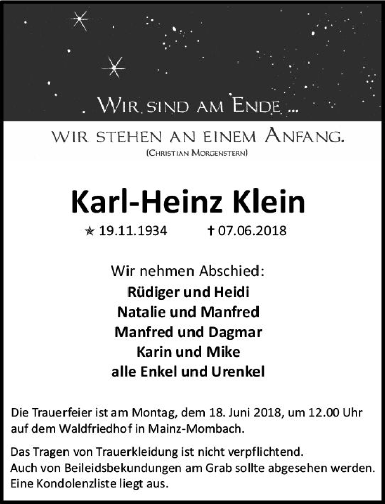  Traueranzeige für Karl-Heinz Klein vom 13.06.2018 aus Trauerportal Rhein Main Presse