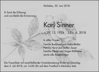 Traueranzeige von Karl Sinner von  Kreisanzeiger