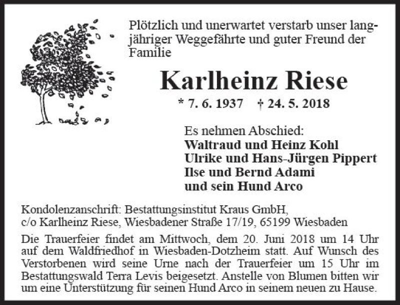  Traueranzeige für Karlheinz Riese vom 16.06.2018 aus Trauerportal Rhein Main Presse