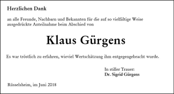 Traueranzeige von Klaus Gürgens von Trauerportal Rhein Main Presse