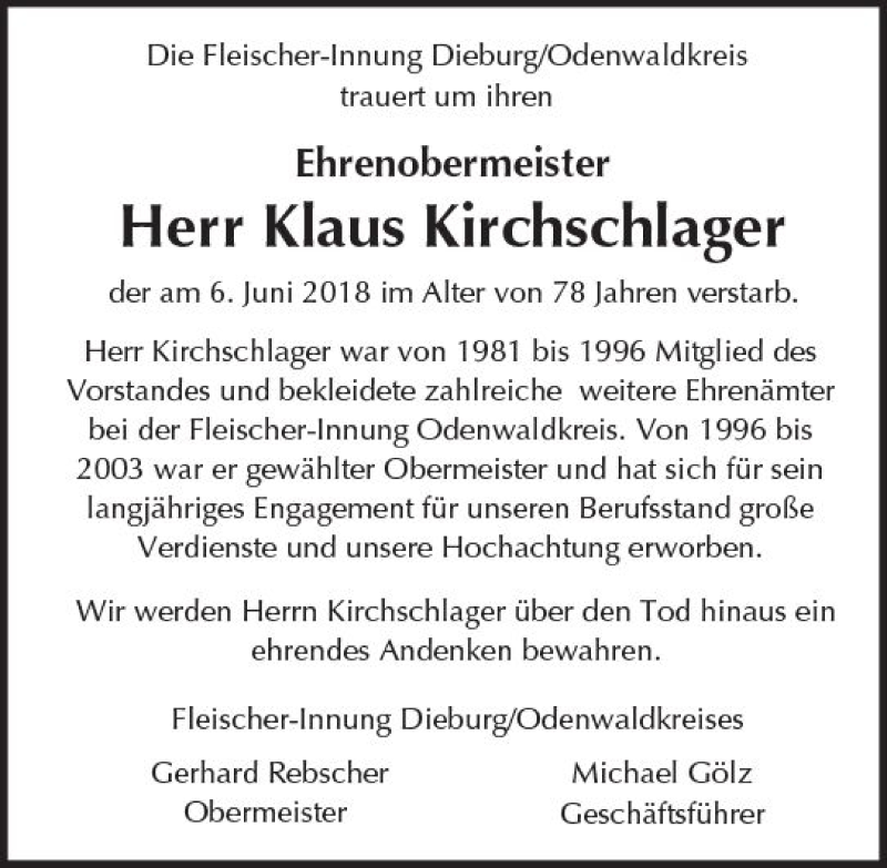 Traueranzeige für Klaus Kirchschlager vom 09.06.2018 aus Trauerportal Rhein Main Presse
