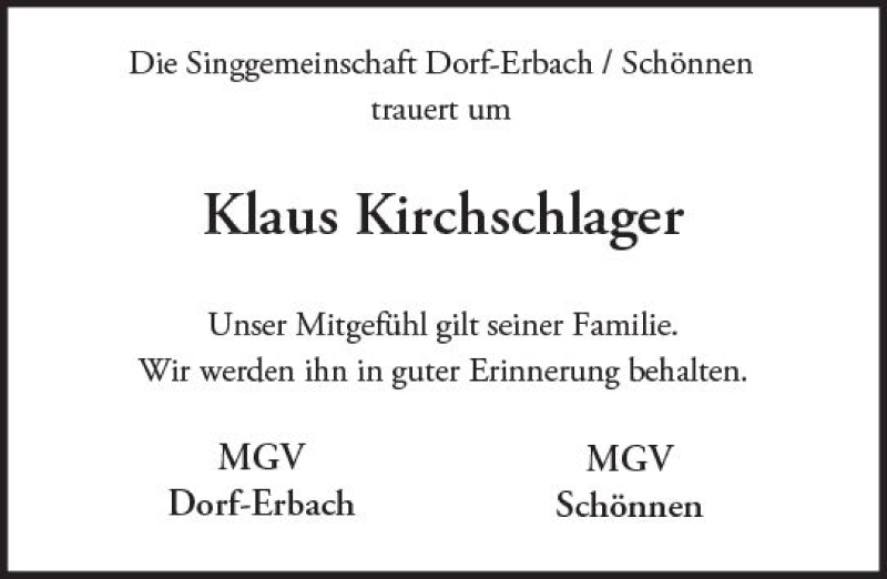  Traueranzeige für Klaus Kirchschlager vom 13.06.2018 aus Trauerportal Rhein Main Presse