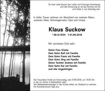 Traueranzeige von Klaus Suckow von Trauerportal Rhein Main Presse
