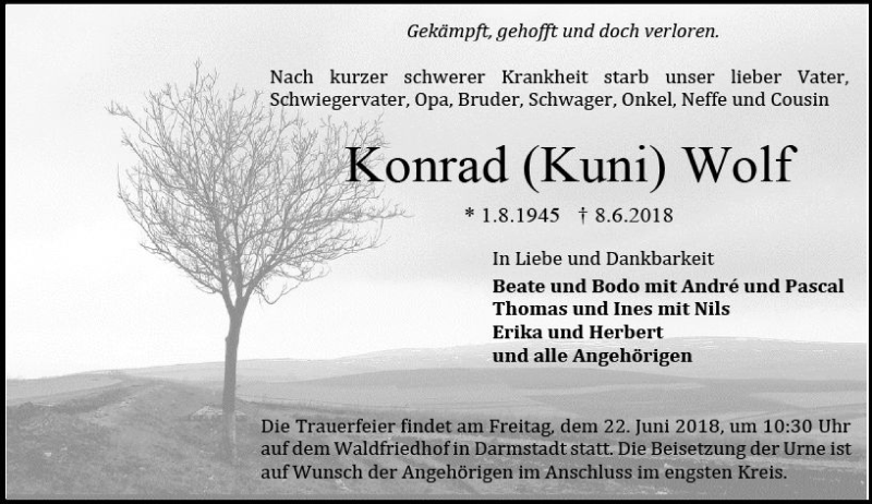  Traueranzeige für Konrad Wolf vom 16.06.2018 aus Trauerportal Rhein Main Presse