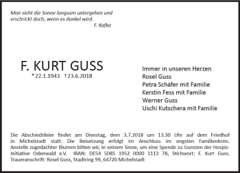 Traueranzeige von Kurt Guss von Trauerportal Rhein Main Presse