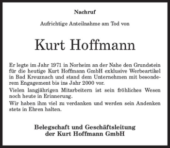 Traueranzeige von Kurt Hoffmann von Trauerportal Rhein Main Presse