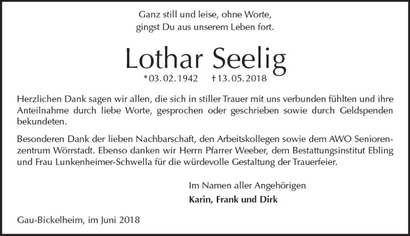  Traueranzeige für Lothar Seelig vom 06.06.2018 aus Trauerportal Rhein Main Presse