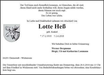 Traueranzeige von Lotte Heß von Trauerportal Rhein Main Presse