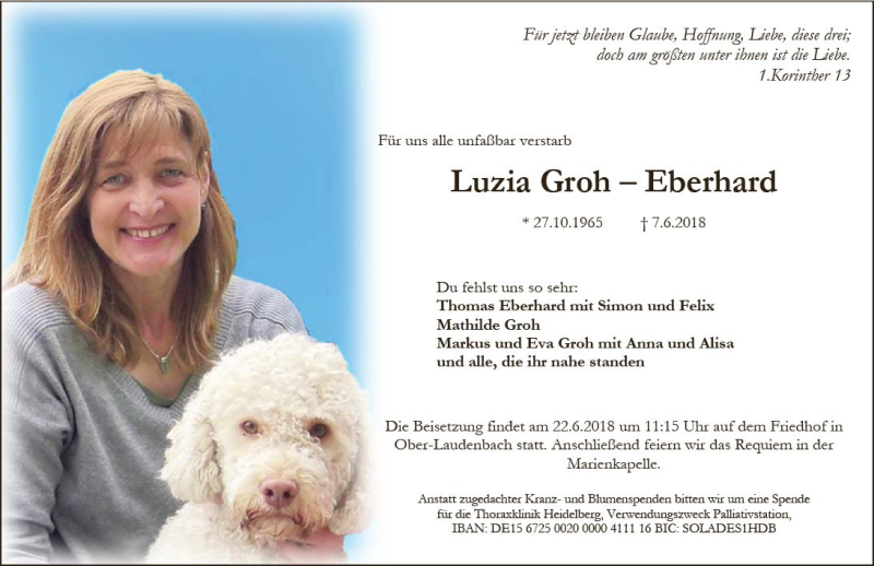  Traueranzeige für Luzia Groh-Eberhard vom 16.06.2018 aus Trauerportal Rhein Main Presse