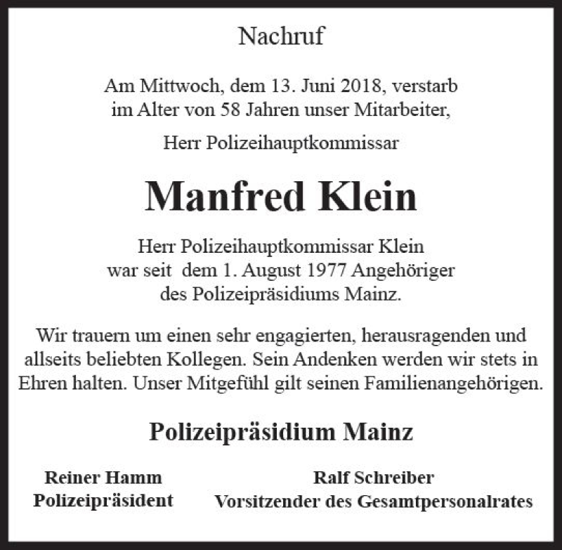  Traueranzeige für Manfred Klein vom 16.06.2018 aus Trauerportal Rhein Main Presse