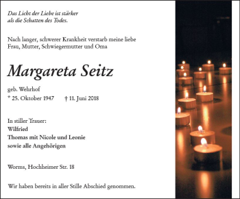 Traueranzeige von Margareta Seitz von Trauerportal Rhein Main Presse